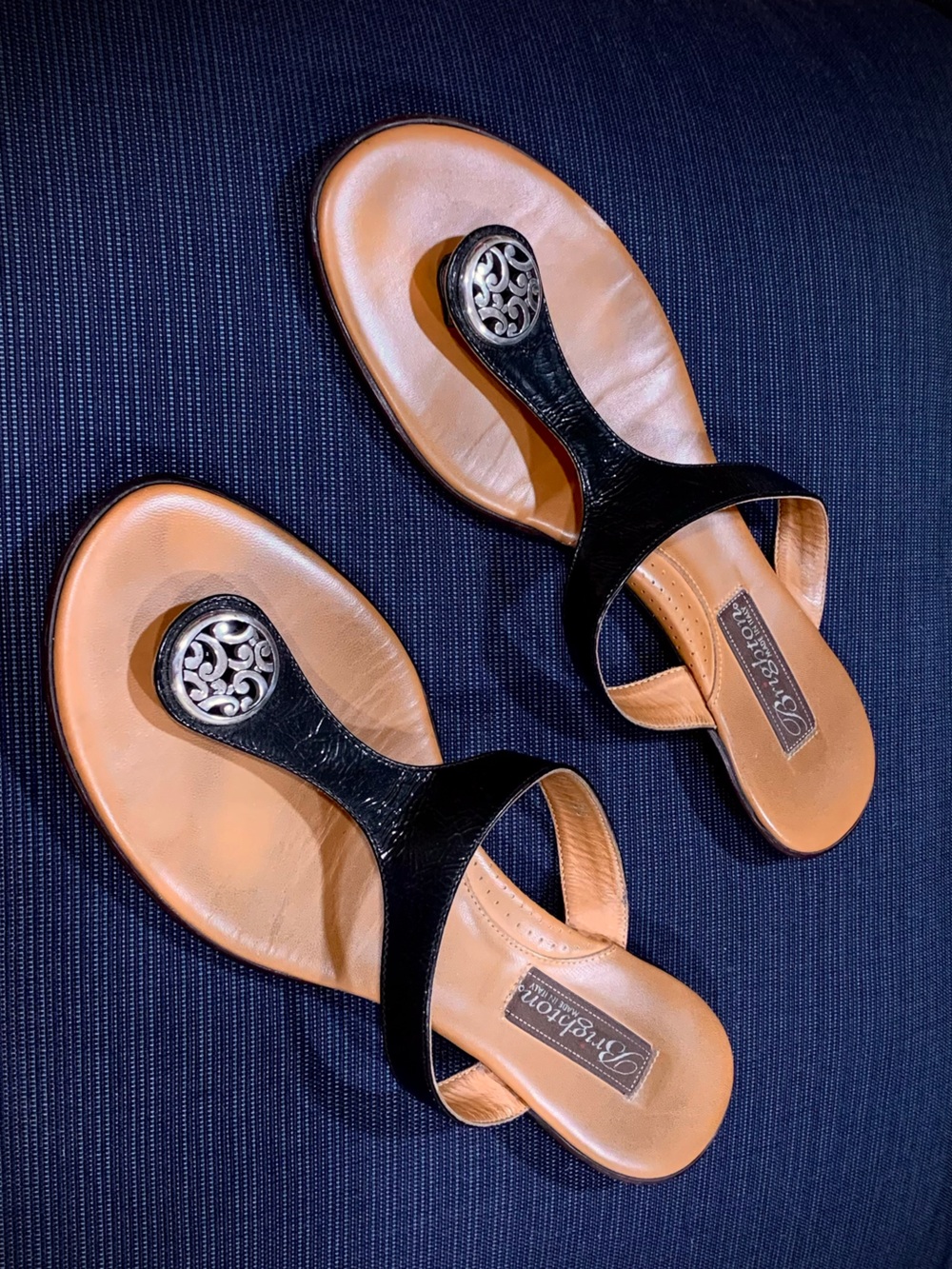 Brighton Black and Tan Leather T-Strap Sandals with Silver Medallions